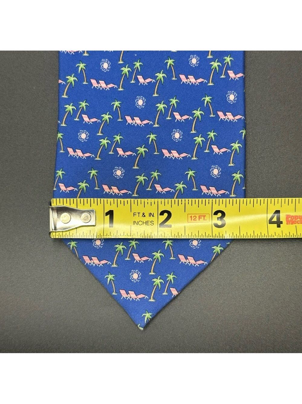 Ferragamo Silk Tie Blue Pink & Green with Palm Trees Lounge Chairs & the Sun - Picture 16 of 16